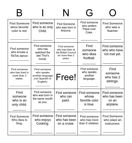 Find Someone Who Bingo Card