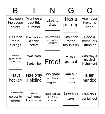 Grade 4/5/6 Class Bingo Card