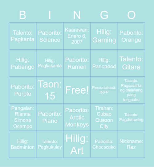 Me-Ingo Bingo Card