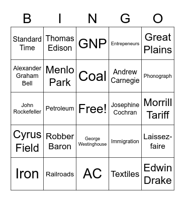 American Industrialization Bingo Card