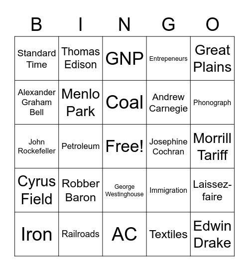American Industrialization Bingo Card