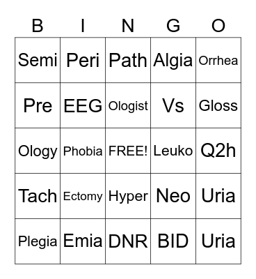 Medical Terminology Bingo Card