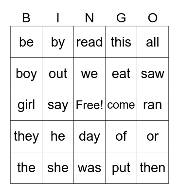 Kayden Sight Words Bingo Card