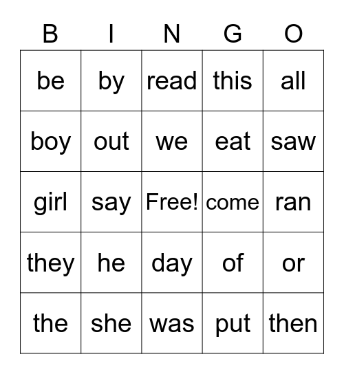 Kayden Sight Words Bingo Card