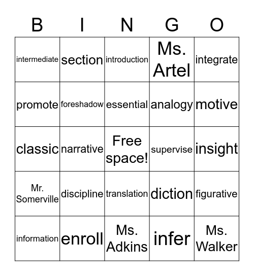 Vocabulary Words Bingo Card