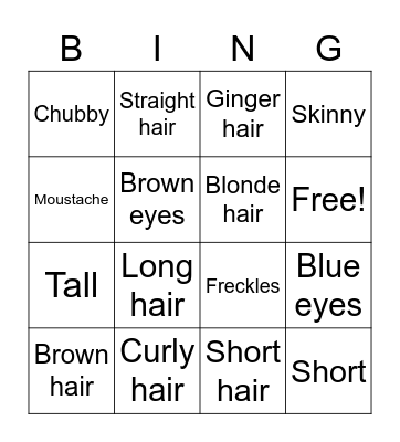 Appearance Vocabulary Bingo Card