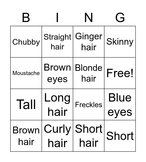 Appearance Vocabulary Bingo Card