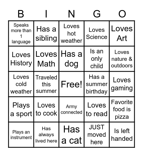 Back to School BINGO Card