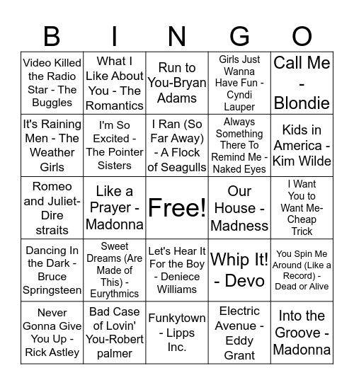 80's & 90's Bingo Card