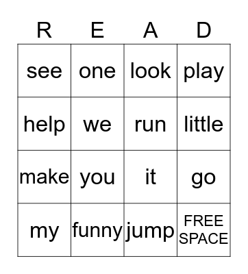 Sight Words Bingo Card