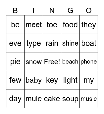 Long Vowel Sound Bingo Card