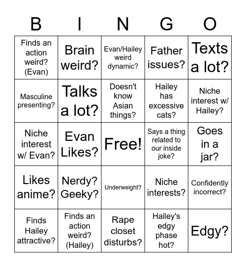 Evan/Hailey bingo Card