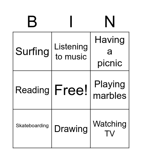 Leisure activities Bingo Card