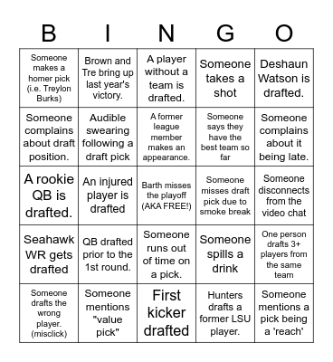 Fantasy Football 2022 Draft Bingo Card
