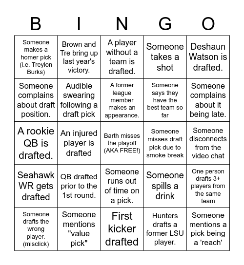 Fantasy Football 2022 Draft Bingo Card