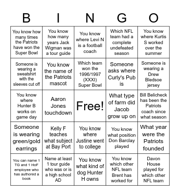 Packers vs Patriots Weekend Bingo Card
