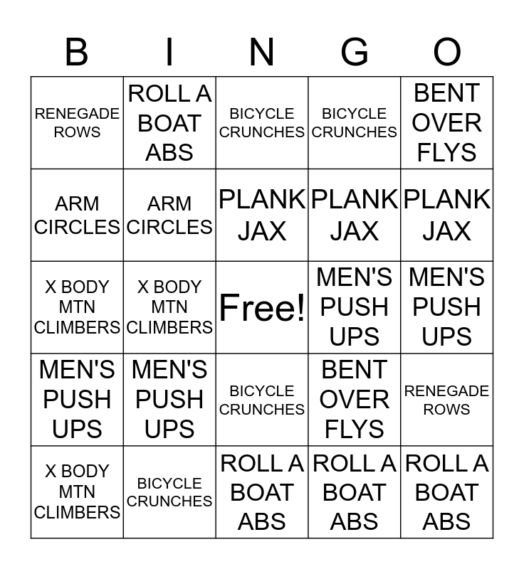 CORE & UPPER BODY BINGO Card