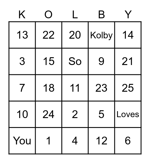 Kolby Bingo Card