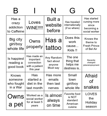 Social Work Bingo Card