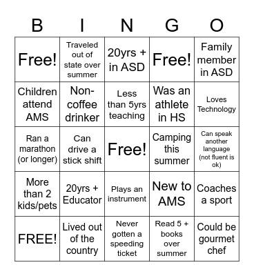 AMS Staff Ice Breaker! Bingo Card