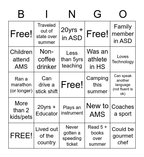 AMS Staff Ice Breaker! Bingo Card