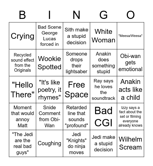 Revenge of the Sith Bingo Card