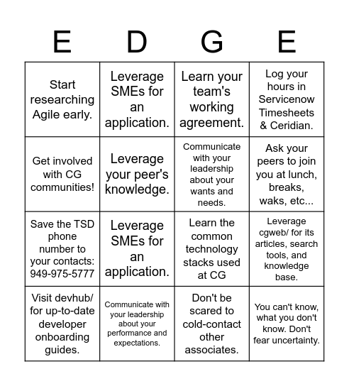 Tips from your EDGE Mentors Bingo Card