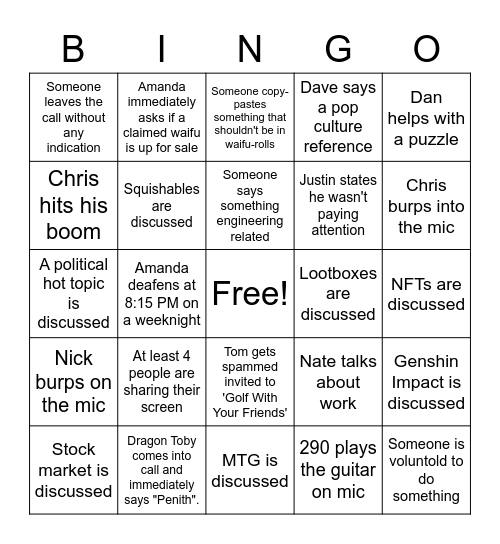 Cupcake Kingdom Bingo Card