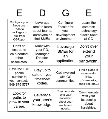 Tips from your EDGE Leaders Bingo Card