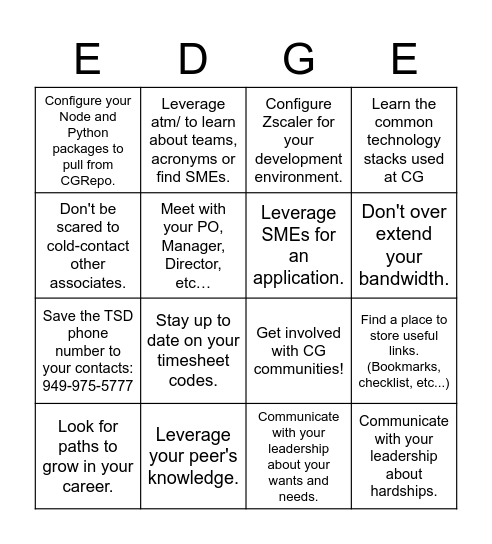 Tips from your EDGE Leaders Bingo Card