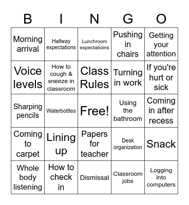 Back to School Bingo Card