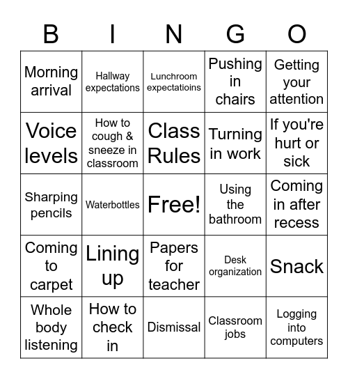 Back to School Bingo Card