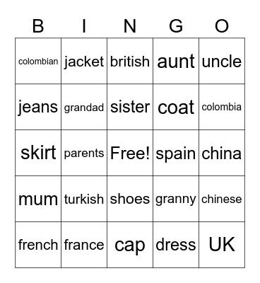 Bingo Vocabulary Bingo Card