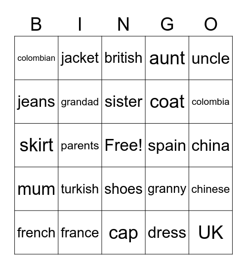 Bingo Vocabulary Bingo Card