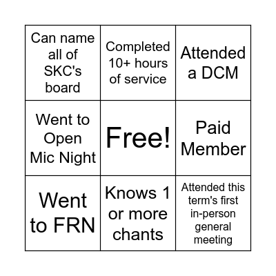 SKC's September Newsletter Monthly Game Bingo Card