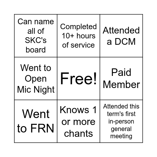 SKC's September Newsletter Monthly Game Bingo Card