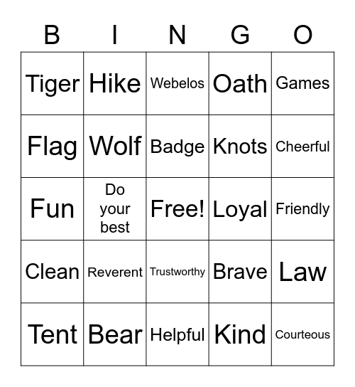 Cub Scout Bingo Card