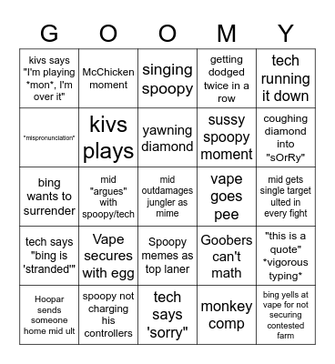 Goomy Goobers Bingo Card