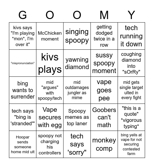 Goomy Goobers Bingo Card