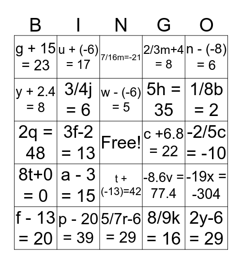 Linear Equations Bingo Card