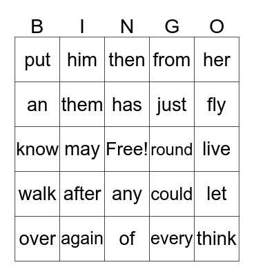 First Grade Sight Words Bingo Card