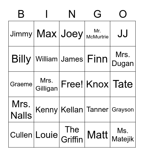 First Grade Name Bingo Card