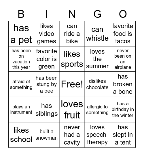 Getting to know you - Child Bingo Card