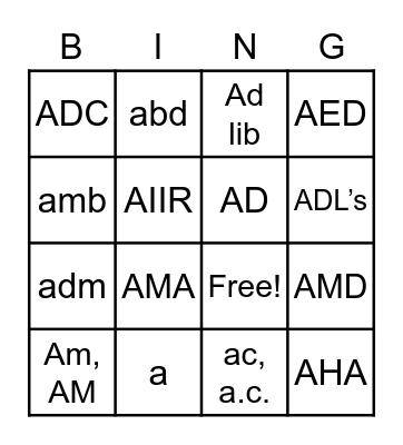 Medical Abbreviation List #1 Bingo Card
