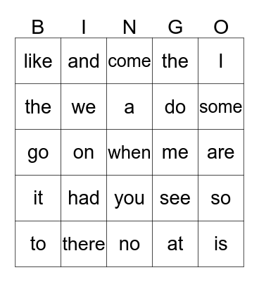 Kindergarten Sight Words Bingo Card