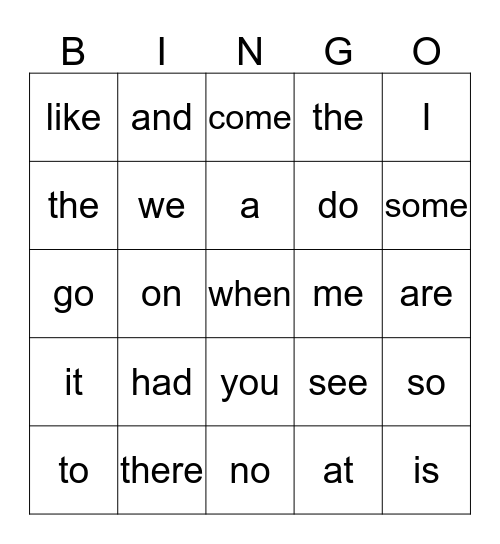 Kindergarten Sight Words Bingo Card