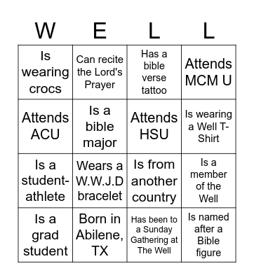 The Well College Tailgate Bingo Card