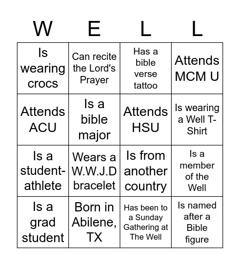 The Well College Tailgate Bingo Card