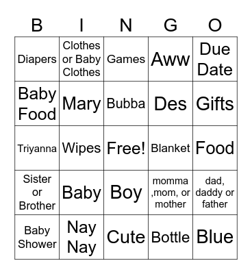 Baby Shower Bingo Card