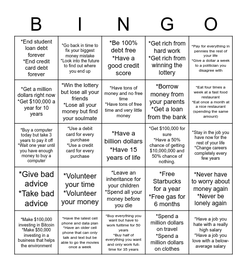 Would You Rather Money Bingo Card